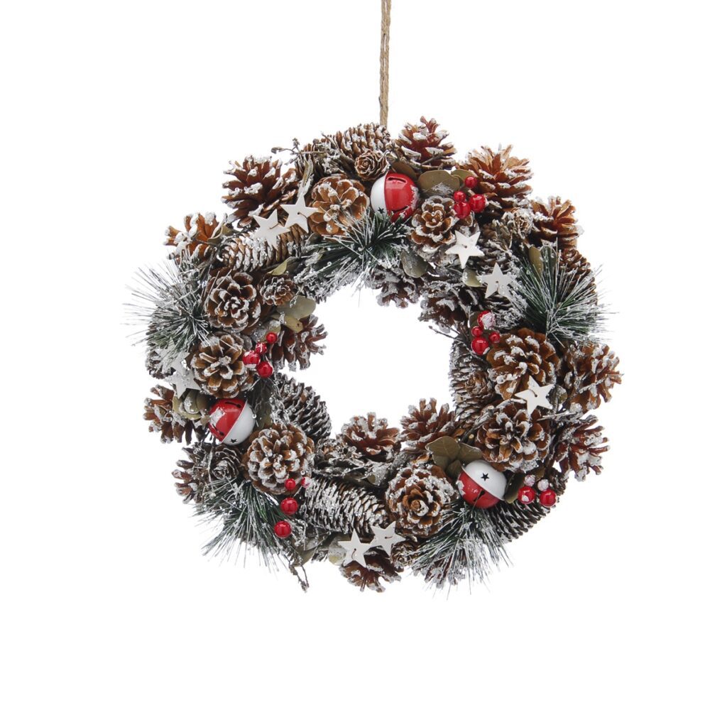 Festive 36cm Snowy Pinecone & Bells Christmas Wreath 5020244274031 2